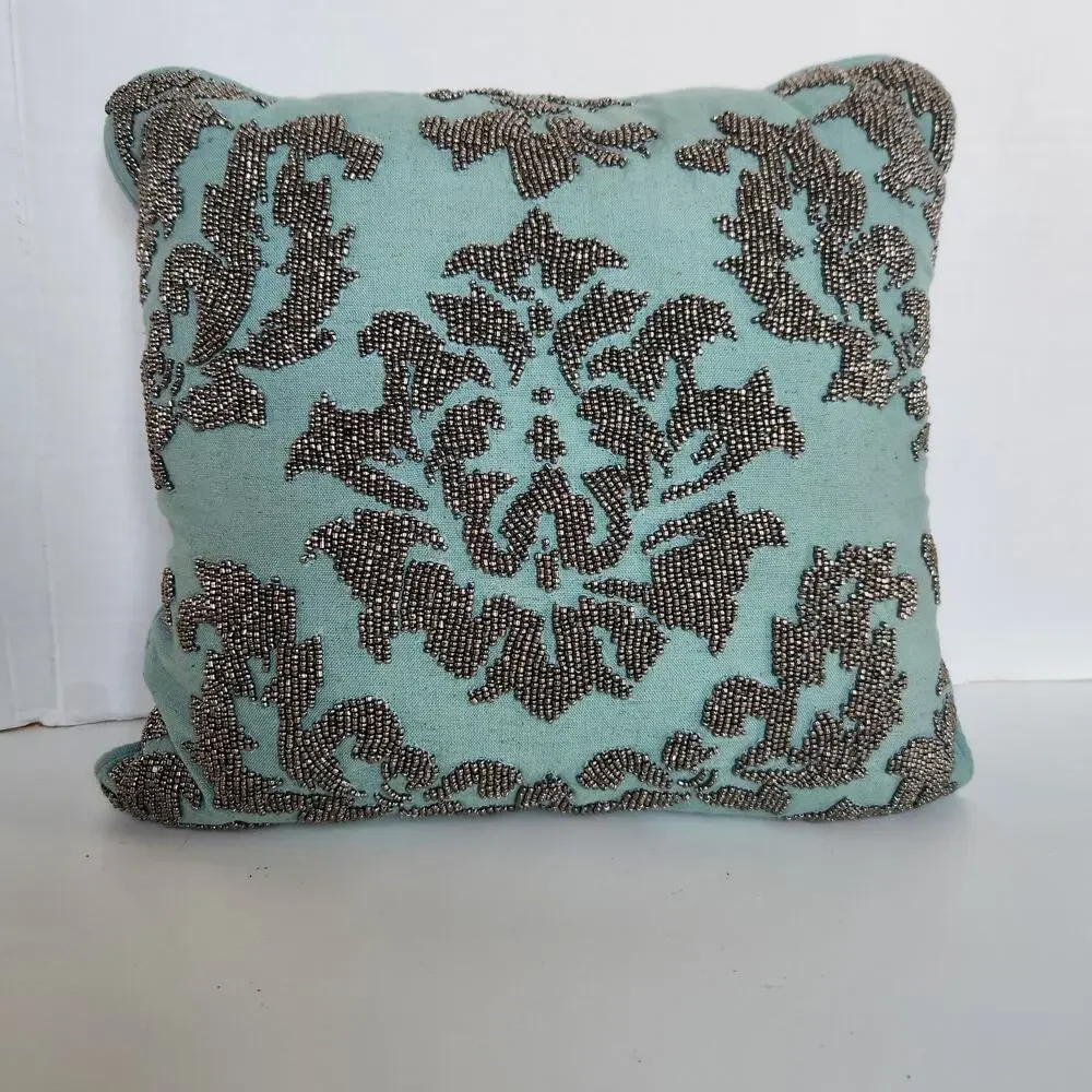 Vintage Decorative Metallic Silver Beaded Teal Blue Accent Pillow 12